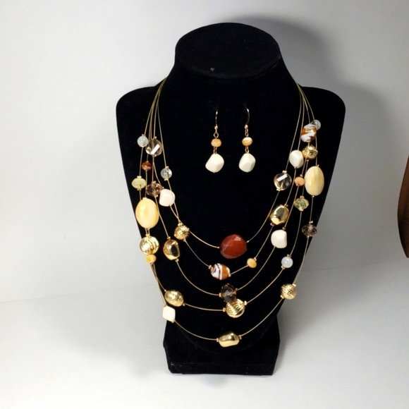 Gold tone Layered colorful Beaded Statement Necklace w/ Matching Earrings Women - Picture 3 of 9